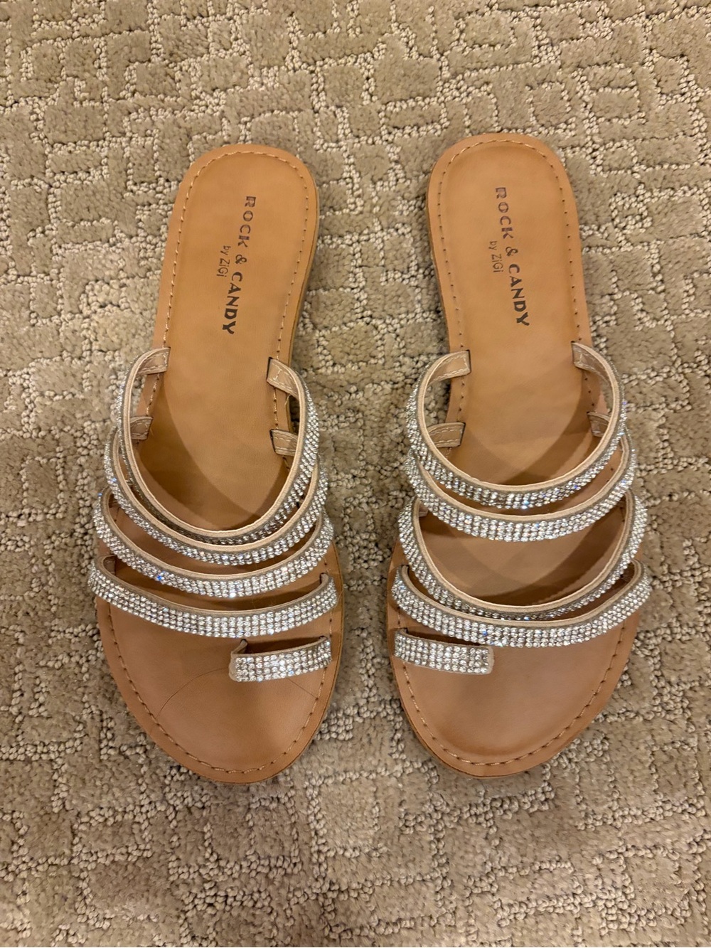 Rock & Candy Tan Slide Sandals with Rhinestone Multi-Straps Size 8